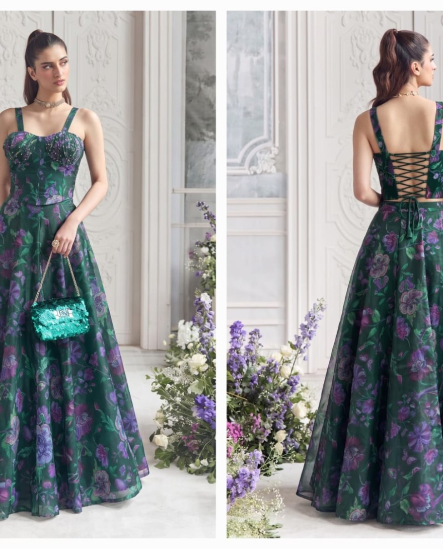 GREEN - Green Floral Tabby Organza Party Wear Lehenga Set